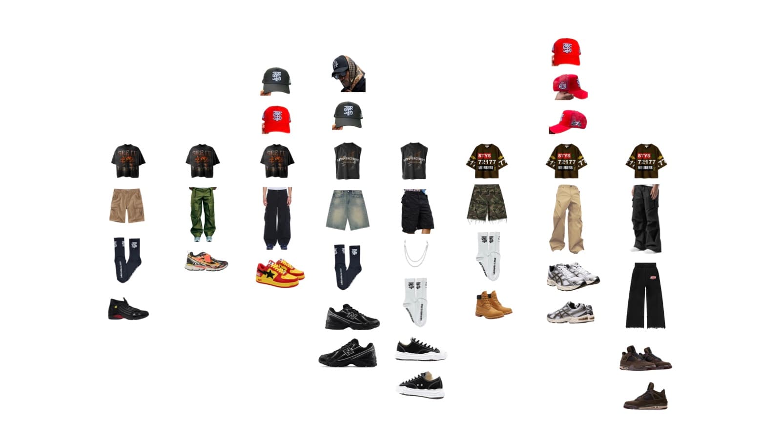 The brief: eight outfit stacks of garment, footwear, and cap cutouts on a white page