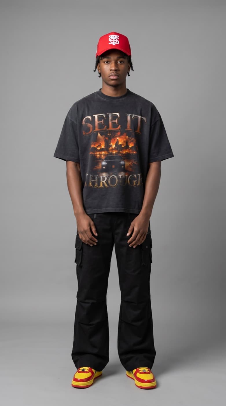 STYS See It Through tee, full length on a clean grey studio backdrop