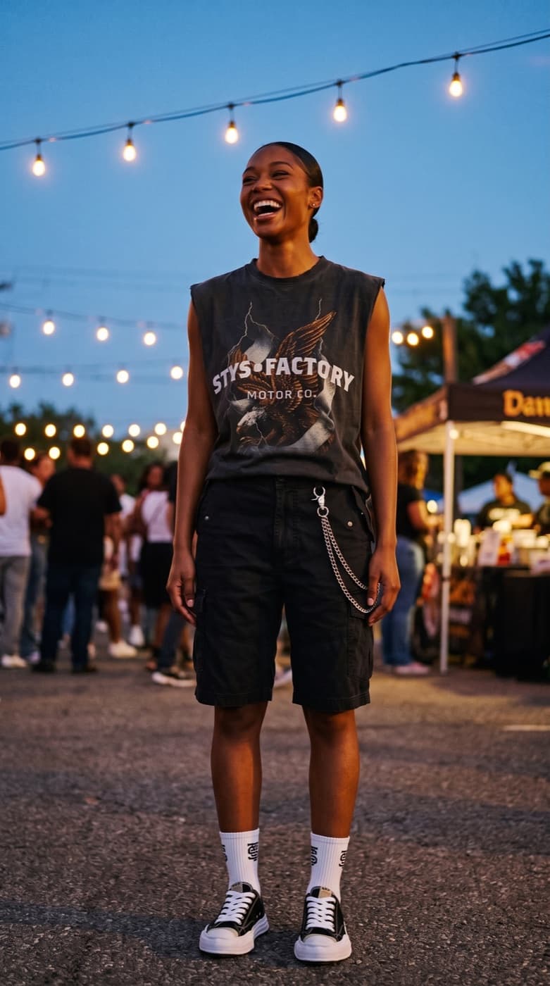 STYS Factory Motor Co tank at a block party under string lights