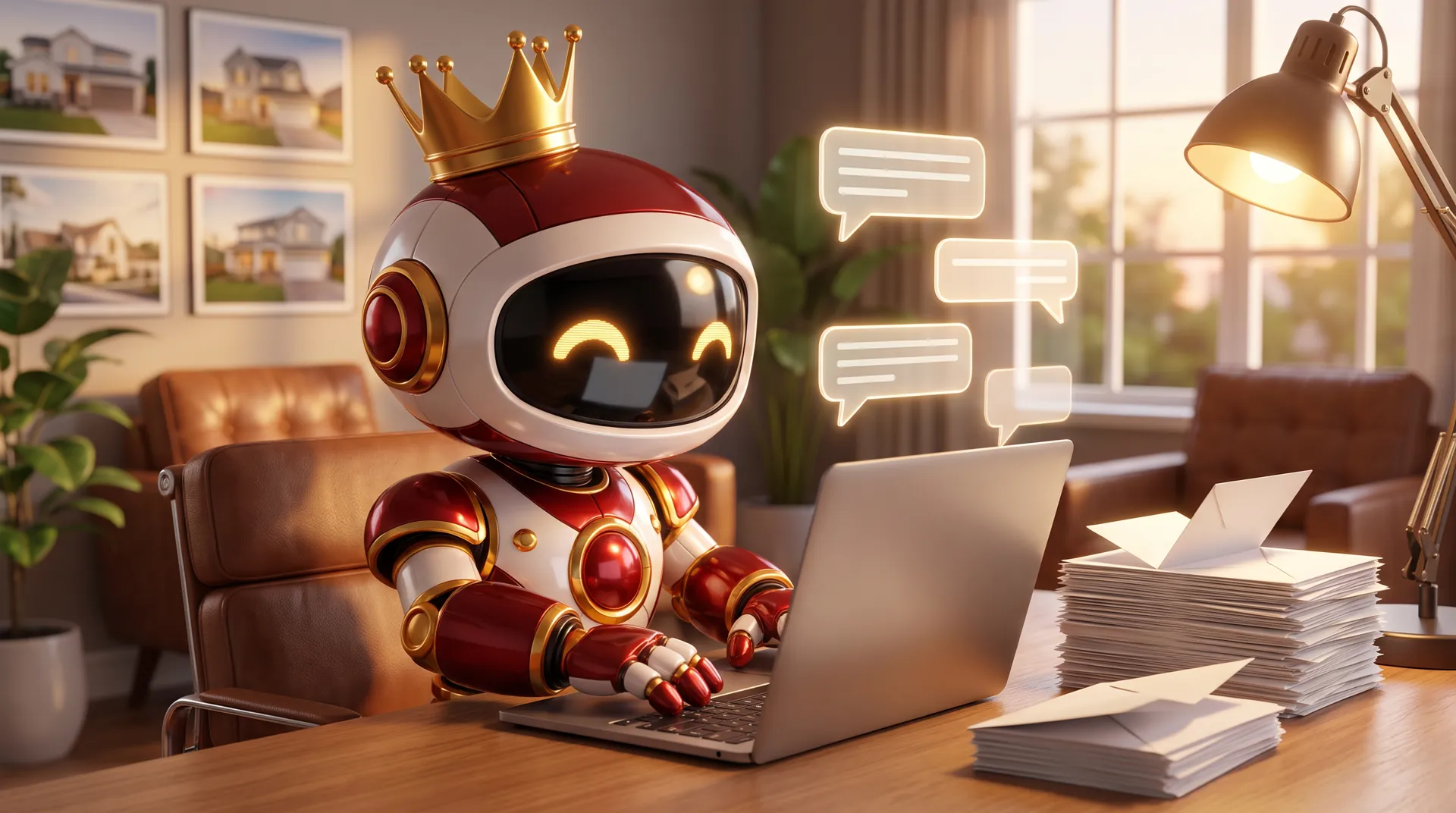 The West Robot at a laptop working through a stack of messages