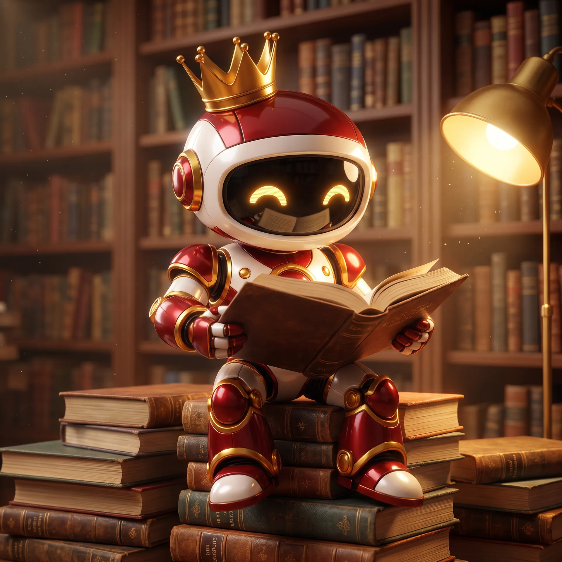 A crowned red and white robot sits on a stack of old books in a library, reading by lamplight