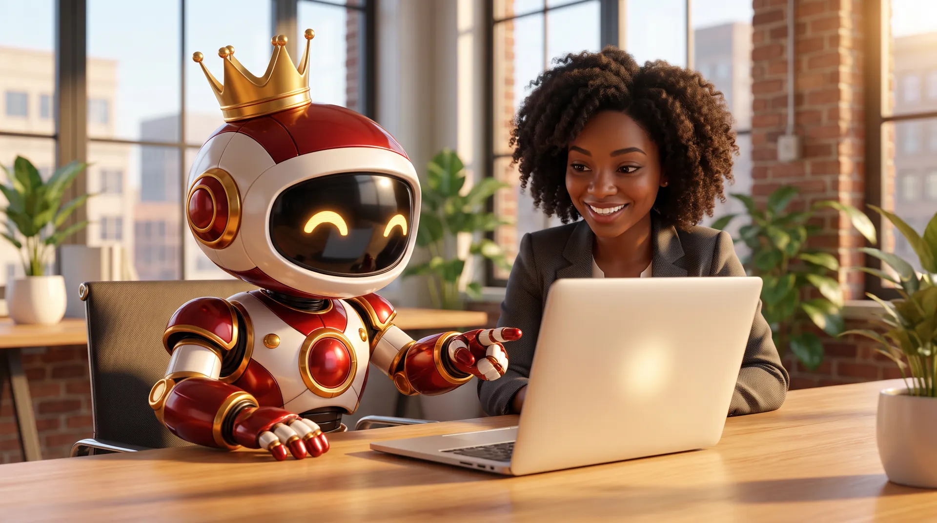 The West Robot coaching a business owner at her laptop