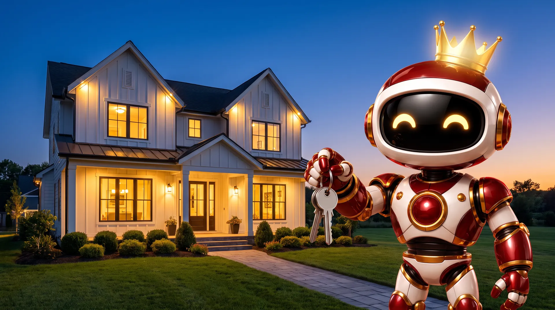The West Robot holding out house keys in front of a home at twilight